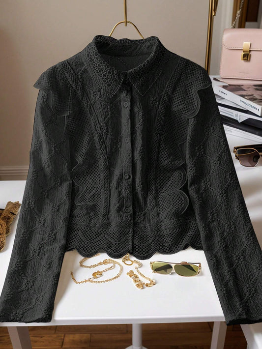 Women's Lace Trim French Collar Button Front Long Sleeve Blouse
