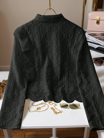 Women's Lace Trim French Collar Button Front Long Sleeve Blouse