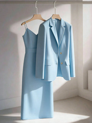 Blazer Jacket Paired With Sleeveless Waist Cinched Straight Dress