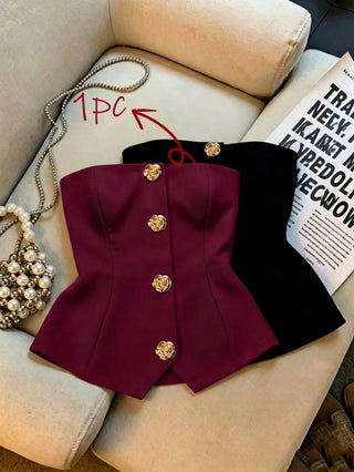 Women's Polka Dot Pattern Metal Flower Button Design Fashion Tube Top