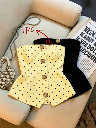 Women's Polka Dot Pattern Metal Flower Button Design Fashion Tube Top