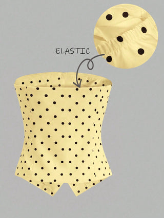 Women's Polka Dot Pattern Metal Flower Button Design Fashion Tube Top