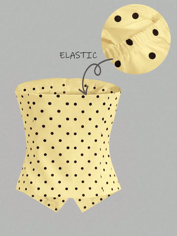 Women's Polka Dot Pattern Metal Flower Button Design Fashion Tube Top