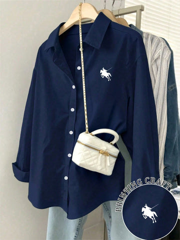 Minimalist Embroidered Decor Long Sleeve Loose Blouse