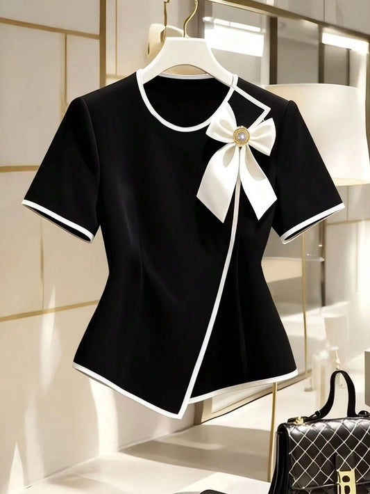 Women's New Elegant Bow Collar Short Sleeve Blouse