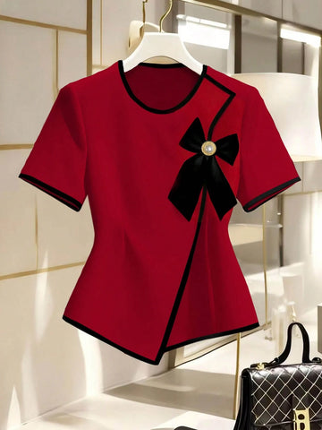 Women's New Elegant Bow Collar Short Sleeve Blouse