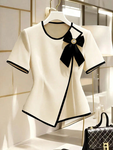 Women's New Elegant Bow Collar Short Sleeve Blouse