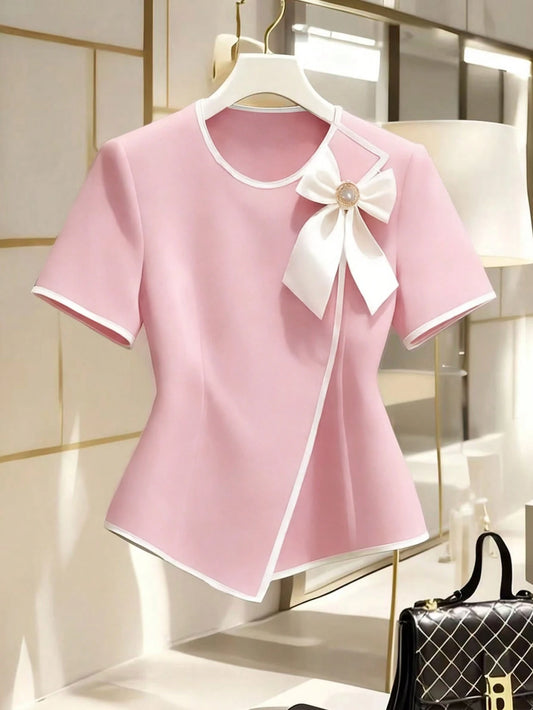 Women's New Elegant Bow Collar Short Sleeve Blouse