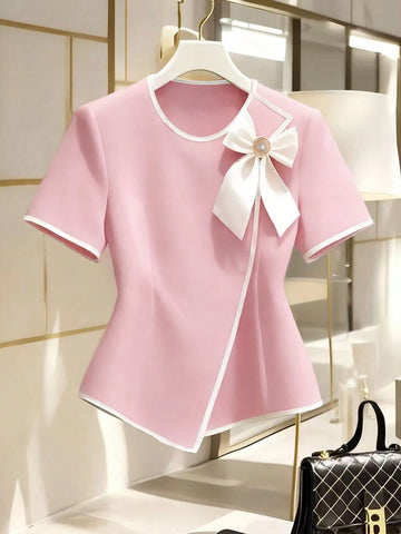 Women's New Elegant Bow Collar Short Sleeve Blouse