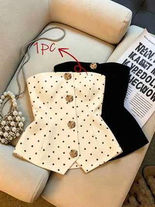 Women's Polka Dot Pattern Metal Flower Button Design Fashion Tube Top