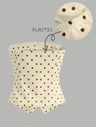 Women's Polka Dot Pattern Metal Flower Button Design Fashion Tube Top