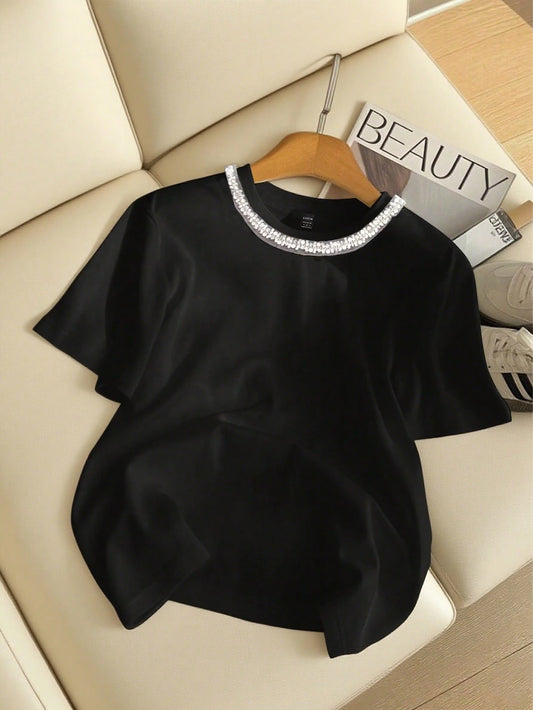 Women's Casual Studded And Chain Decor Round Neck Short Sleeve T-Shirt