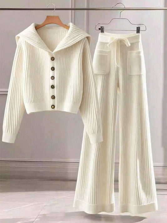 Collared Button-Up Cardigan And Bowknot Pocket Knit Pants