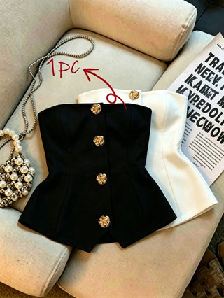 Women's Polka Dot Pattern Metal Flower Button Design Fashion Tube Top
