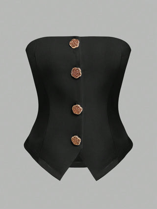 Women's Polka Dot Pattern Metal Flower Button Design Fashion Tube Top