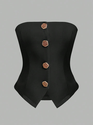 Women's Polka Dot Pattern Metal Flower Button Design Fashion Tube Top