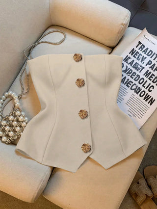 Women's Polka Dot Pattern Metal Flower Button Design Fashion Tube Top