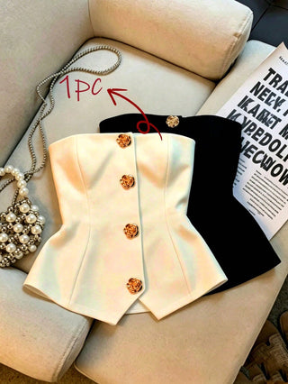 Women's Polka Dot Pattern Metal Flower Button Design Fashion Tube Top