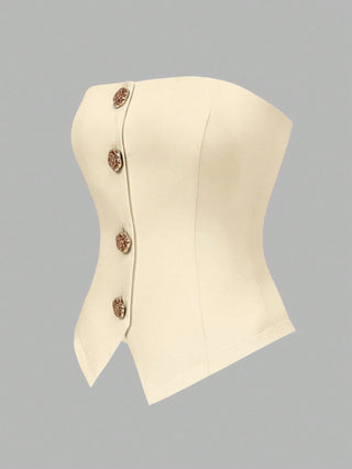 Women's Polka Dot Pattern Metal Flower Button Design Fashion Tube Top