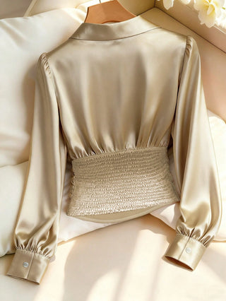Solid Color Minimalist Long Sleeve Elegant Waist Shirt