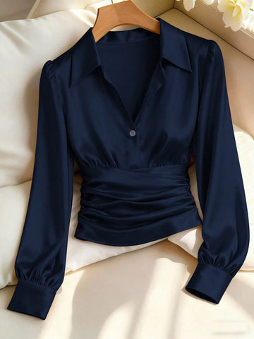 Solid Color Minimalist Long Sleeve Elegant Waist Shirt