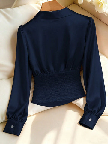 Solid Color Minimalist Long Sleeve Elegant Waist Shirt