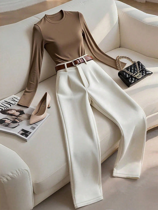 Women's Solid Color Round Neck Long Sleeve T-Shirt And Pleated Long Pants