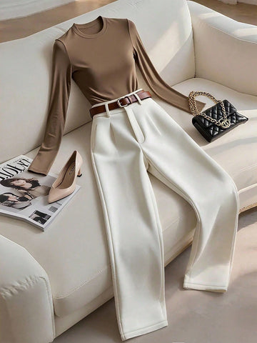 Women's Solid Color Round Neck Long Sleeve T-Shirt And Pleated Long Pants