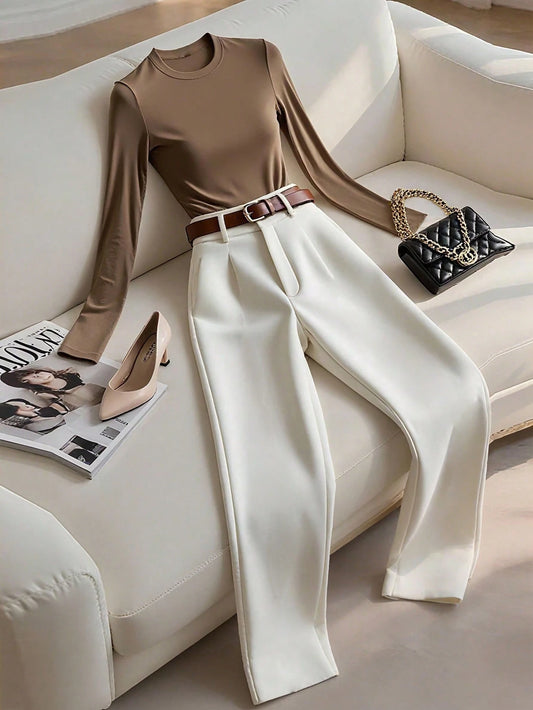 Women's Solid Color Round Neck Long Sleeve T-Shirt And Pleated Long Pants