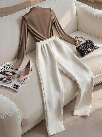 Women's Solid Color Round Neck Long Sleeve T-Shirt And Pleated Long Pants