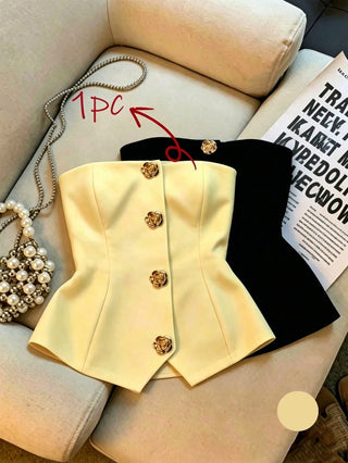Women's Polka Dot Pattern Metal Flower Button Design Fashion Tube Top