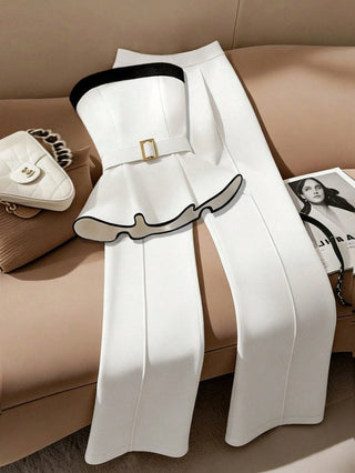Strapless Ruffle Top With Metal Belt Pleated Wide-Leg Pants Suit
