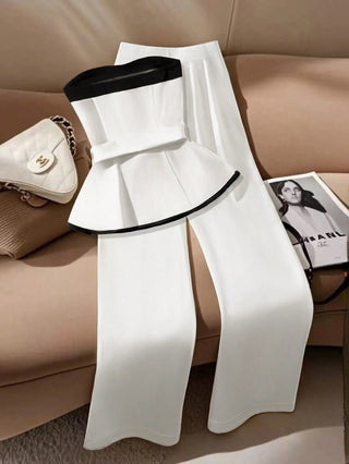 Strapless Ruffle Top With Metal Belt Pleated Wide-Leg Pants Suit