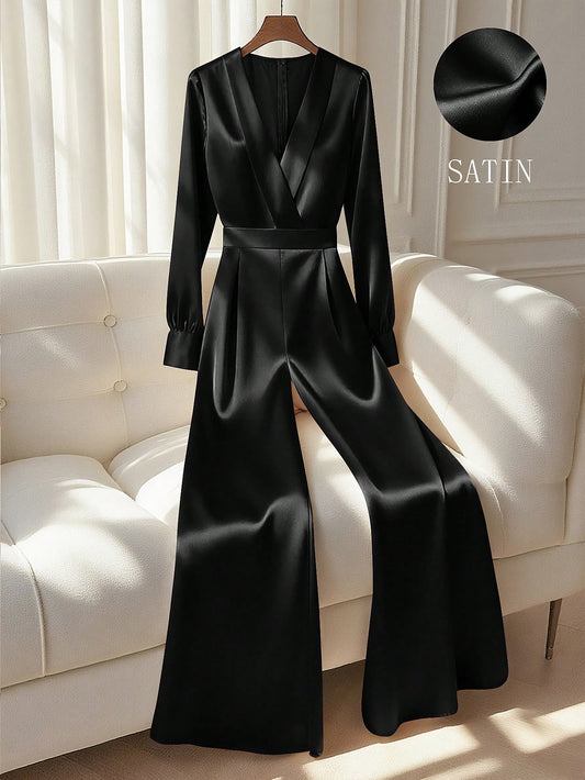 Women's V-Neck Long Sleeve Shiny Fabric Waist Cinched Flared Leg Jumpsuit