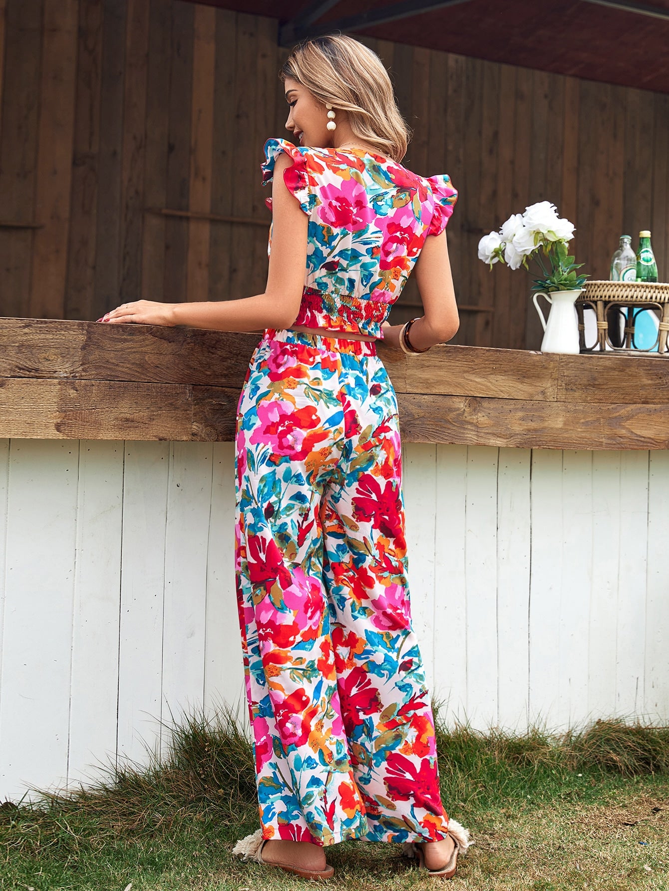 Frenchy Floral Print Top & Wide Leg Pants