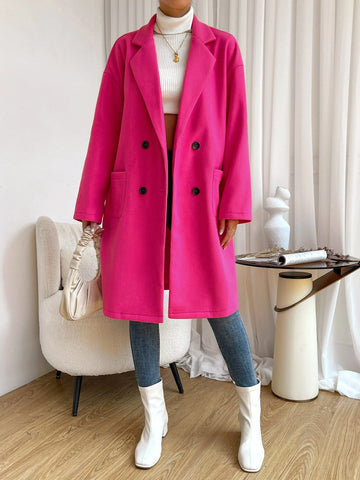 Frenchy Lapel Neck Drop Shoulder Double Breasted Dual Pocket Overcoat