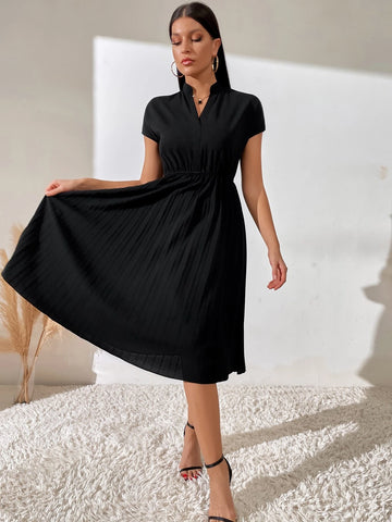 Frenchy Pleated Hem Notched Neckline A-line Dress