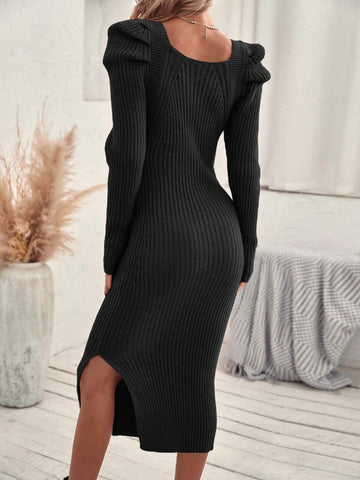 Frenchy Scoop Neck Puff Sleeve Split Hem Sweater Dress