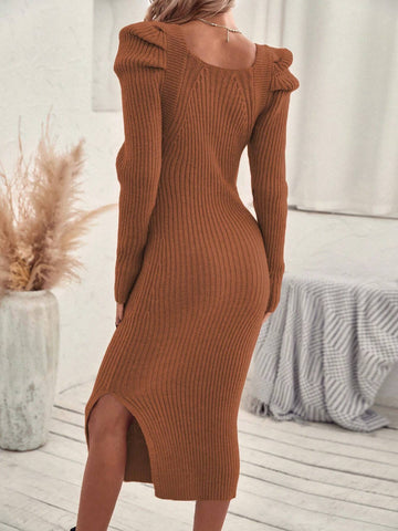 Frenchy Scoop Neck Puff Sleeve Split Hem Sweater Dress