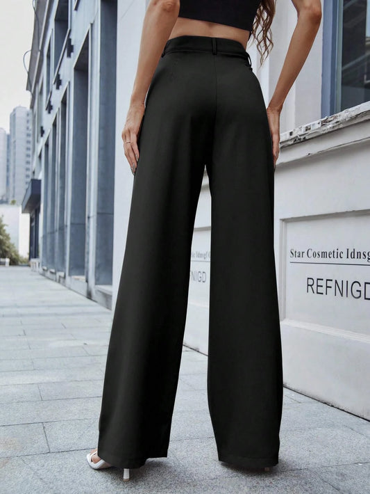 Frenchy Solid Slant Pocket Wide Leg Suit Pants