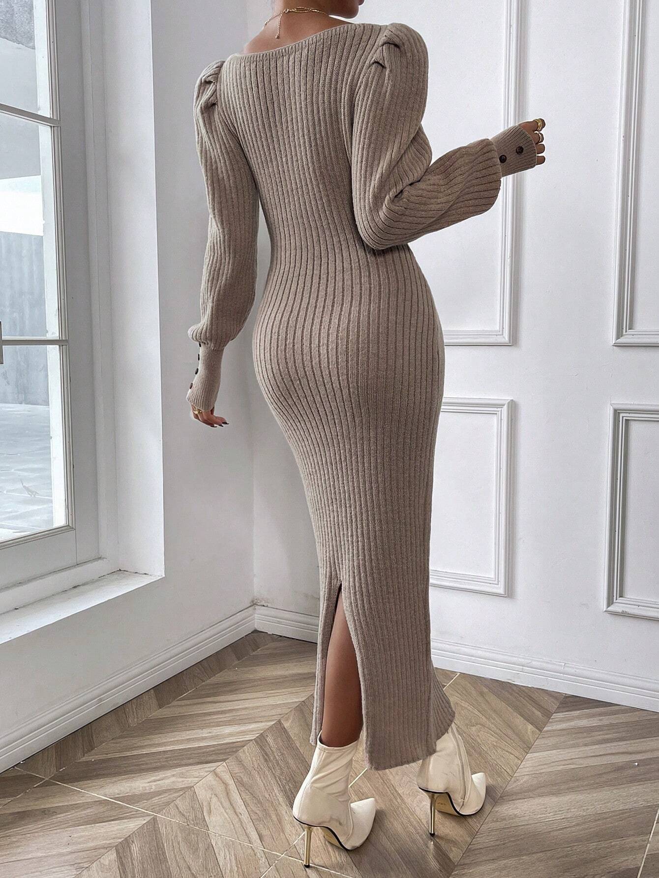 Frenchy Square Neck Lantern Sleeve Sweater Dress