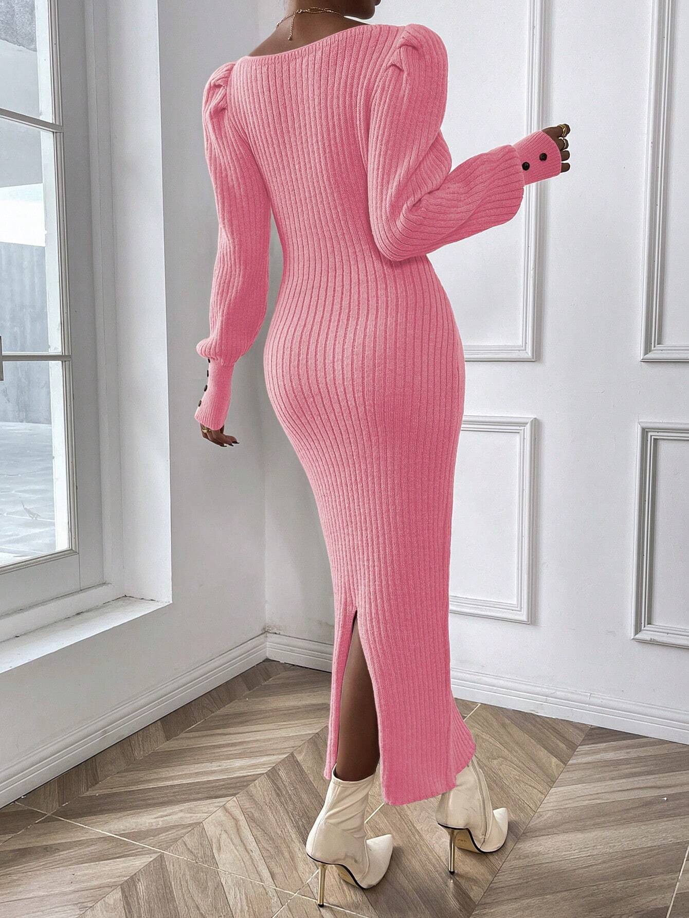 Frenchy Square Neck Lantern Sleeve Sweater Dress