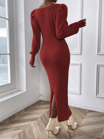 Frenchy Square Neck Lantern Sleeve Sweater Dress