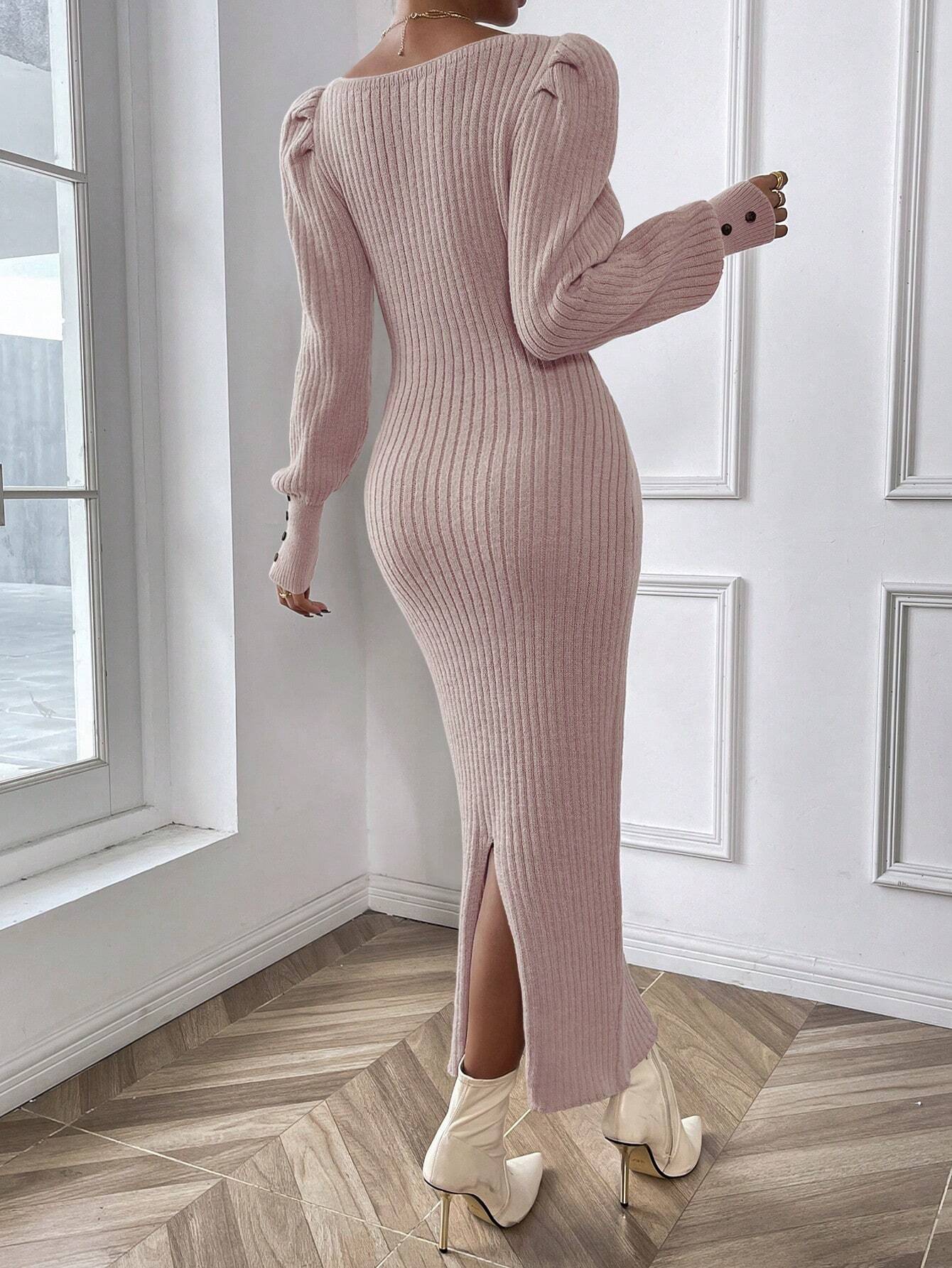 Frenchy Square Neck Lantern Sleeve Sweater Dress