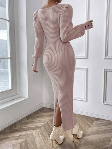 Frenchy Square Neck Lantern Sleeve Sweater Dress