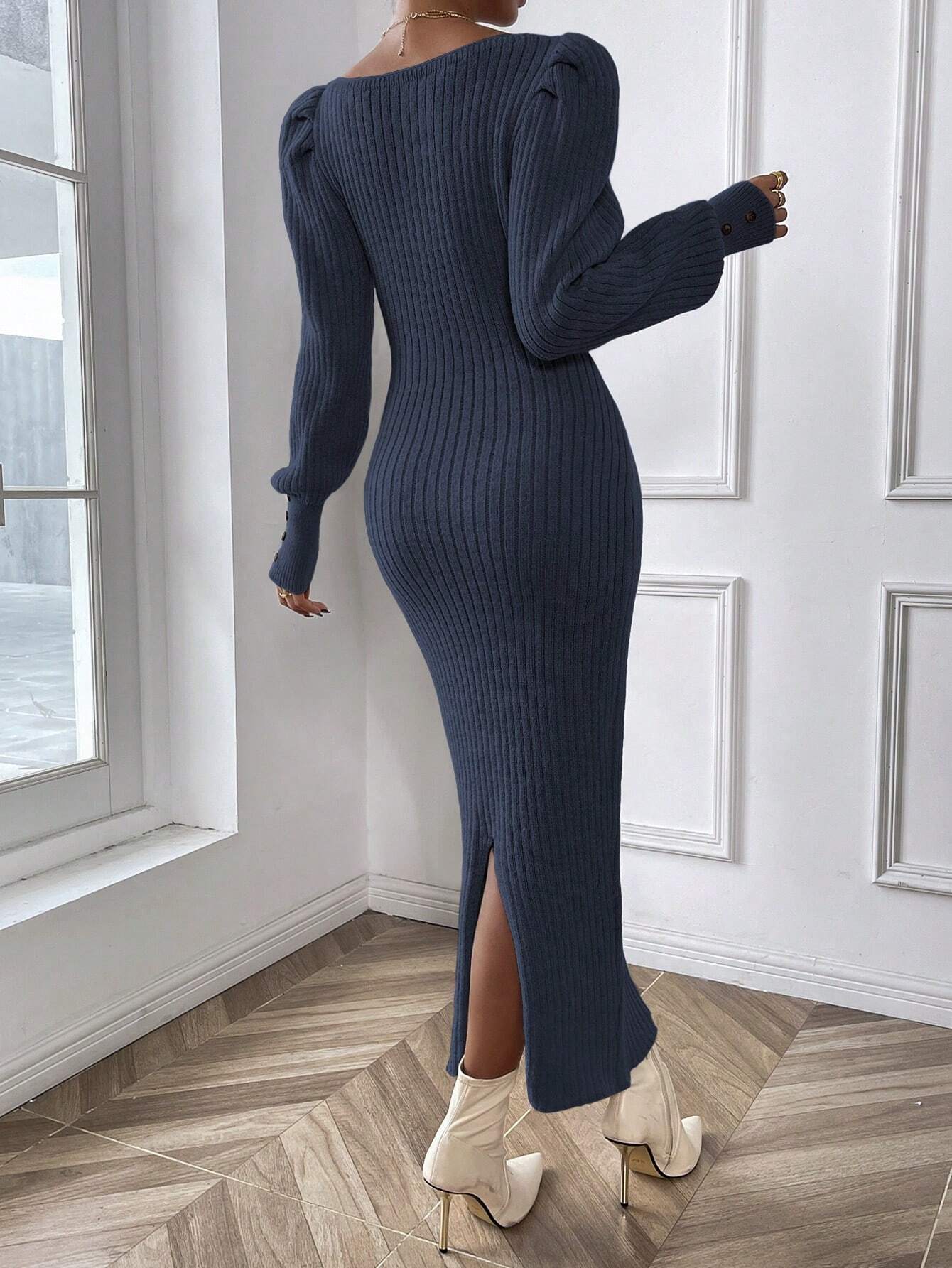 Frenchy Square Neck Lantern Sleeve Sweater Dress