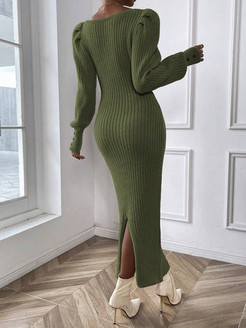 Frenchy Square Neck Lantern Sleeve Sweater Dress