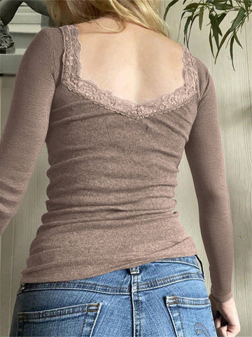 Solid Color Lace Lace Square Neck Knitted Long-Sleeved Top