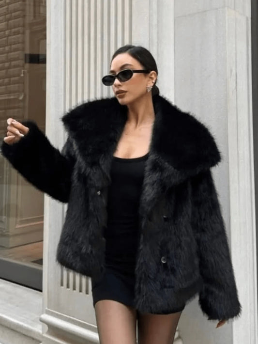 Women Solid Color Plush Elegant Short Faux Fur Jacket