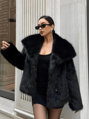 Women Solid Color Plush Elegant Short Faux Fur Jacket